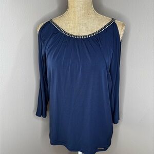 Michael Kors Navy Cold Shoulder Blouse Gold Embellished Collar Size Small